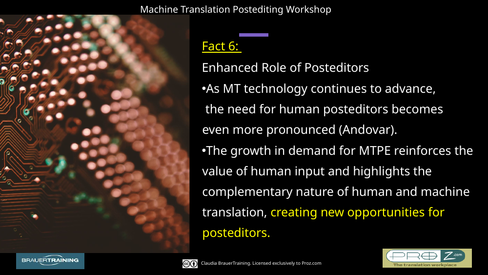 From the course slides: Fact 6 — the enhanced role of posteditors (Andovar).